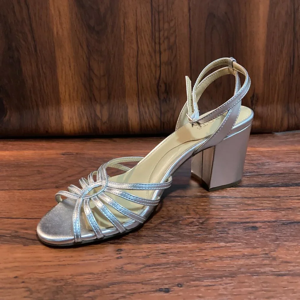 Talbots Block Heel Sandals Womens 8.5 Silver Metallic Strappy Evening Shoes